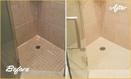 Before and After Picture of Shower Caulking on Moldy Bathtub Joints