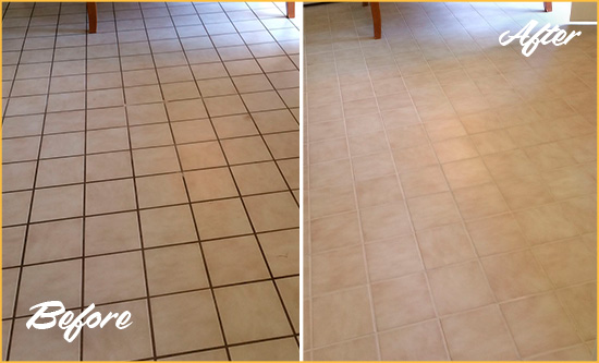 Before and After Picture of a Blades Kitchen Tile and Grout Cleaned to Remove Embedded Dirt