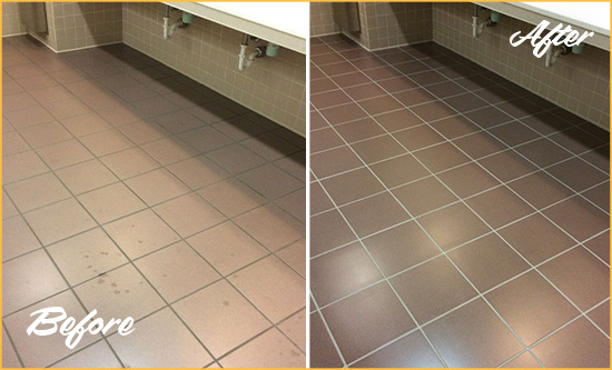 Before and After Picture of a Pike Creek Restrooms Tile and Grout Cleaned to Remove Embedded Dirt