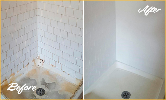 Before and After Picture of a Kenton Shower Tile and Grout Cleaned to Remove Soap Scum