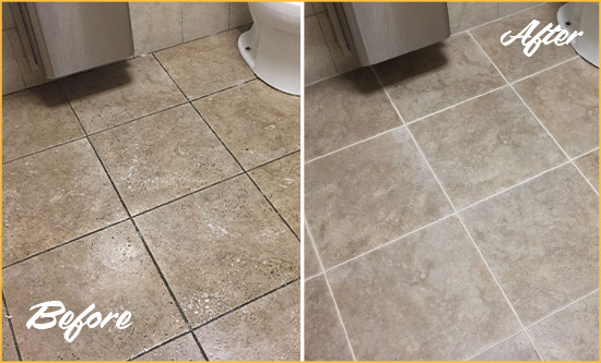 Before and After Picture of a Long Neck Restroom Tile and Grout Cleaned to Remove Soil