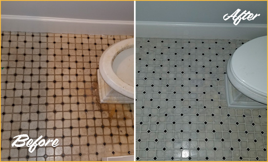 Before and After Picture of a Montchanin Bathroom Tile and Grout Cleaned to Remove Stains