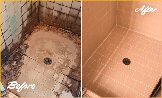 Before and After Picture of a Yorklyn Shower Tile and Grout Cleaned to Repair Water Damage