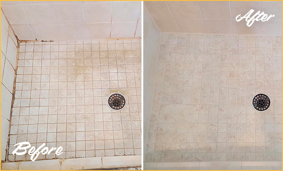 Before and After Picture of a Kirkwood Shower Caulked to Fix Cracks