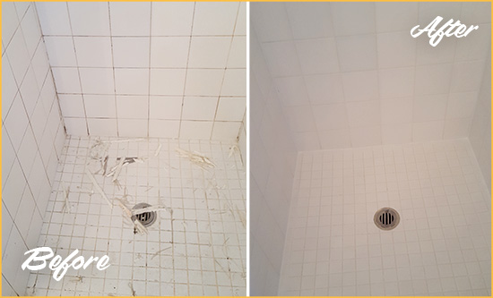 Before and After Picture of a Wyoming Bathroom Re-Caulked To Repair Damaged Caulking