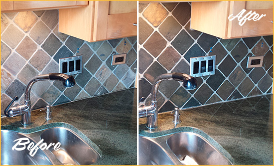 Before and After Picture of a Rising Sun Lebanon Backsplash Caulked to Fix and Prevent Water Leaks