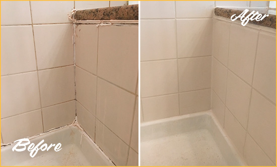 Before and After Picture of a Frederica Shower Caulked to Repair Damaged Caulking
