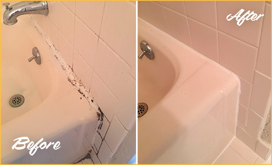 Before and After Picture of a Manor Bathroom Sink Caulked to Fix a DIY Proyect Gone Wrong