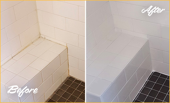 Before and After Picture of a Bear Shower Seat Caulked to Protect Against Mold and Mildew Growth