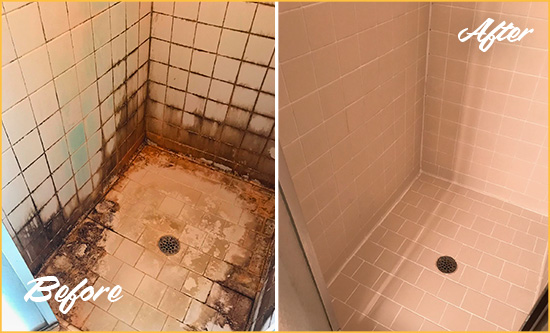 Before and After Picture of a Woodside Shower Caulked to Fix and Prevent Water Damage