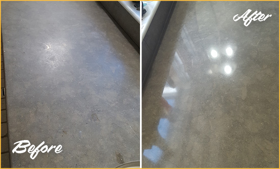 Before and After Picture of a Dull Stanton Limestone Countertop Polished to Recover Its Color