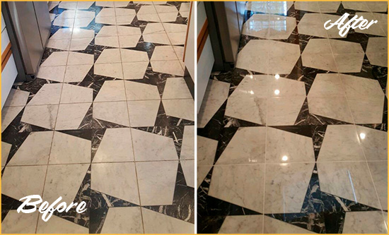 Before and After Picture of a Dull Christiana Marble Stone Floor Polished To Recover Its Luster