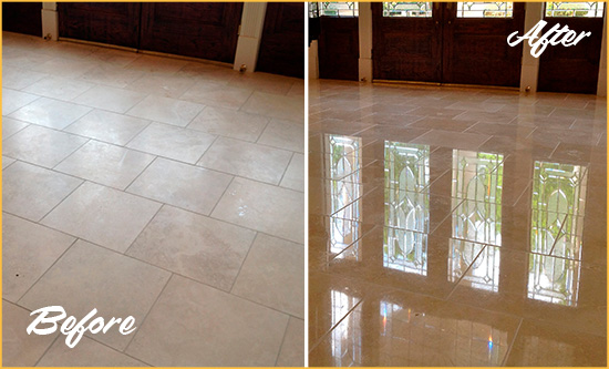 Before and After Picture of a Dull St. Georges Travertine Stone Floor Polished to Recover Its Gloss