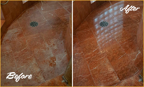 Before and After Picture of a Newport Marble Stone Shower Polished to Eliminate Mineral Deposits