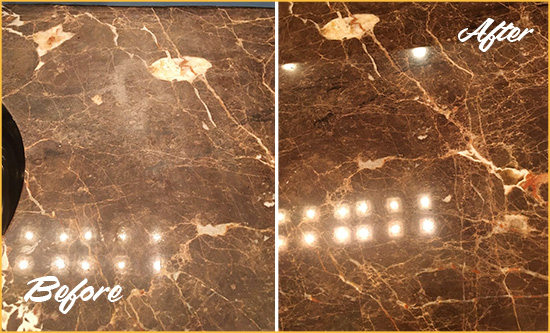 Before and After Picture of a Elsmere Marble Stone Countertop Polished to Eliminate Stains