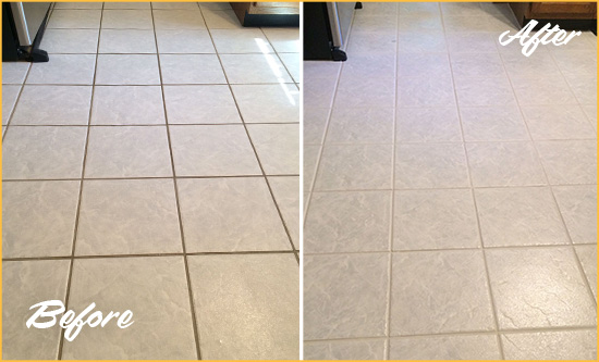 Before and After Picture of a Harbeson Kitchen Ceramic Floor Sealed to Protect From Dirt and Spills