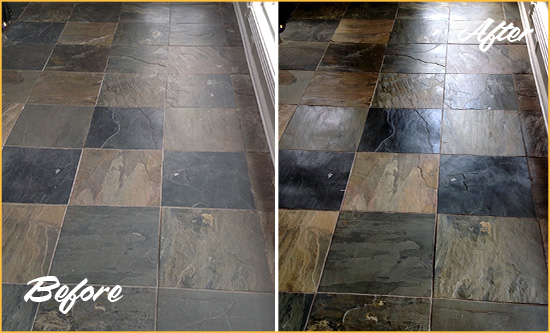 Before and After Picture of a Dull Claymont Slate Floor Sealed to Bring Back Its Colors