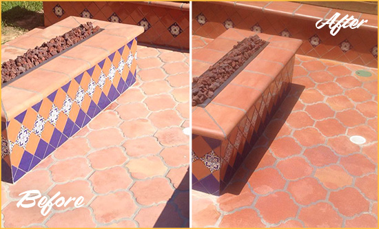 Before and After Picture of a Dull Millville Terracotta Patio Floor Sealed For UV Protection
