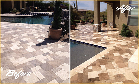 Before and After Picture of a Faded Newport Travertine Pool Deck Sealed For Extra Protection