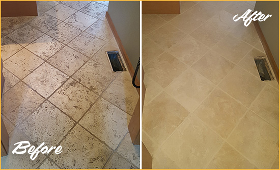 Before and After Picture of a Manor Kitchen Marble Floor Cleaned to Remove Embedded Dirt