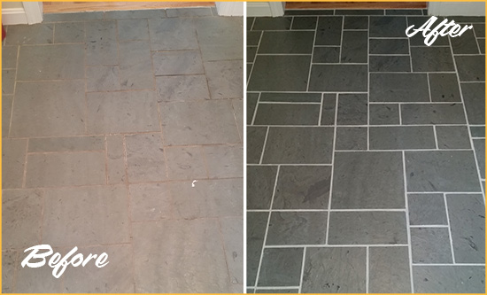 Before and After Picture of a Kenton Slate Floor Cleaned to Remove Deep-Seated Dirt
