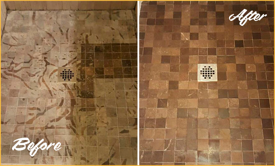 Before and After Picture of a Stained Milton Marble Shower Floor Cleaned to Remove Etching