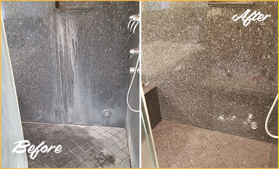 Before and After Picture of a Rising Sun Lebanon Granite Shower Cleaned to Remove Mineral Deposits