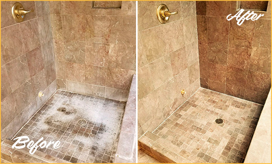 Before and After Picture of a Cheswold Travertine Shower Cleaned to Eliminate Water Spots