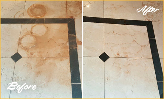 Before and After Picture of a Leipsic Marble Floor Cleaned to Eliminate Rust Stains