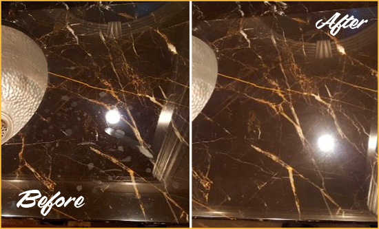 Before and After Picture of a Felton Marble Countertop Cleaned to Remove Water Spots