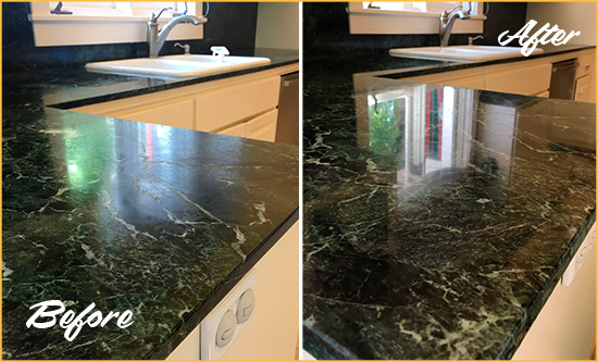 Before and After Picture of a Blades Granite Kitchen Countertop Stone Sealed For Extra Protection