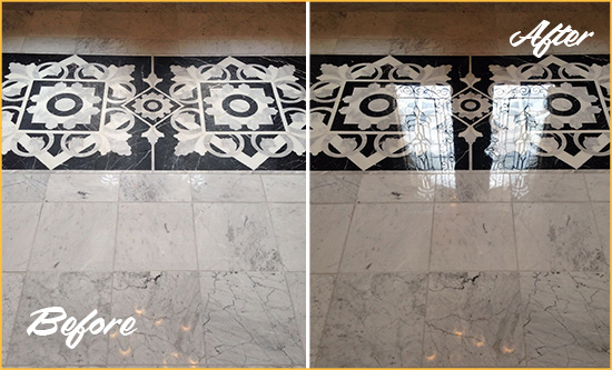 Before and After Picture of a New Castle Marble Stone Sealed to Recover Its Sheen