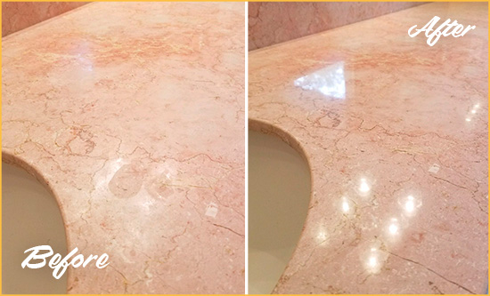 Before and After Picture of a Talleyville Marble Stone Vanity Top Sealed to Avoid Water Marks