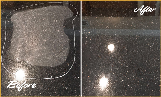 Before and After Picture of a Harbeson Granite Kitchen Countertop Honed to Eliminate Scratch