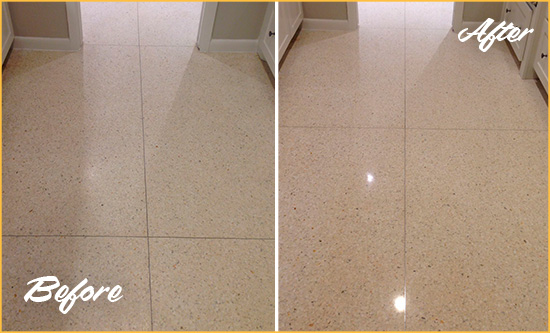 Before and After Picture of a Dull Talleyville Granite Floor Honed to Recover Its Sheen