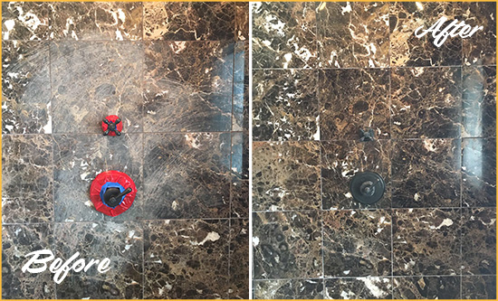 Before and After Picture of a Viola Marble Shower Honed to Remove Scratches