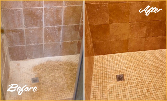 Before and After Picture of a Wyoming Travertine Shower Honed to Remove Mineral Deposits