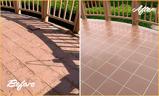 Before and After Picture of a Blades Hard Surface Restoration Service on a Tiled Deck