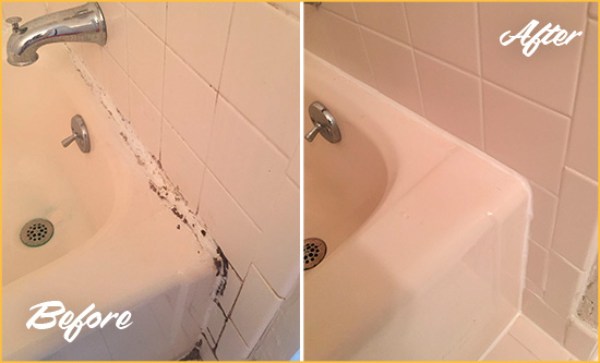 Before and After Picture of a Christiana Hard Surface Restoration Service on a Tile Shower to Repair Damaged Caulking