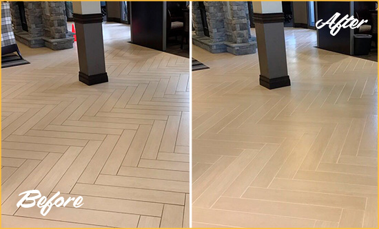 Before and After Picture of a Manor Hard Surface Restoration Service on an Office Lobby Tile Floor to Remove Embedded Dirt
