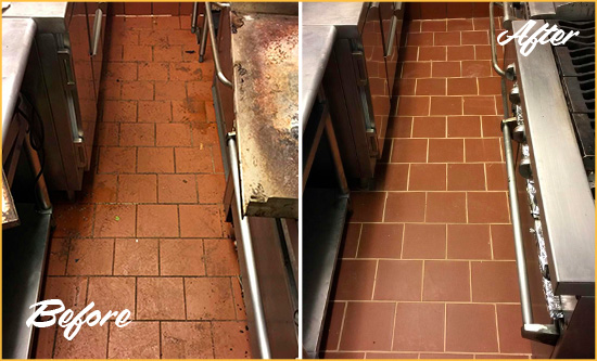Before and After Picture of a Long Neck Hard Surface Restoration Service on a Restaurant Kitchen Floor to Eliminate Soil and Grease Build-Up