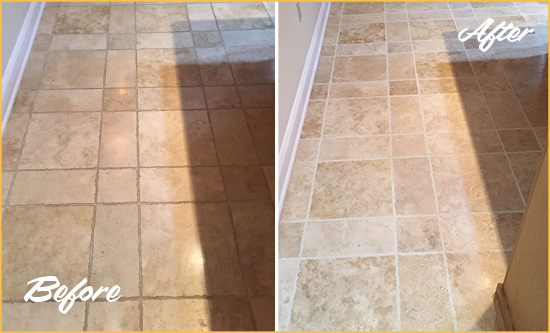 Before and After Picture of Hartly Kitchen Floor Grout Cleaned to Recover Its Color
