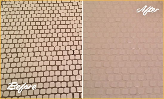 Before and After Picture of a Rockland Mosaic Tile floor Grout Cleaned to Remove Dirt