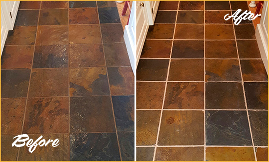Before and After Picture of Greenwood Slate Floor Grout Cleaned to Remove Dirt