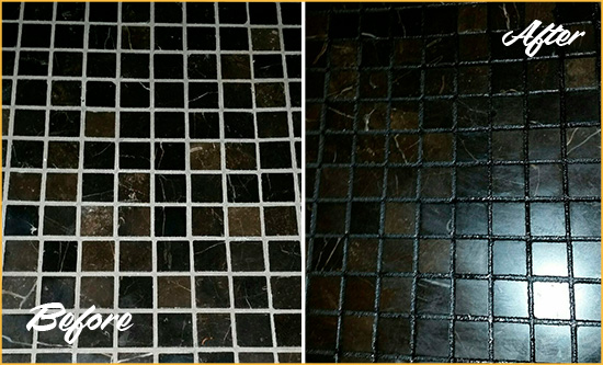 Before and After Picture of a Kenton Black Floor with Recolored Grout