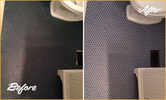 Before and After Picture of a Talleyville Blue Tile Floor Recolored Grout