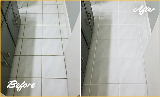 Before and After Picture of a Rising Sun Lebanon White Ceramic Tile with Recolored Grout