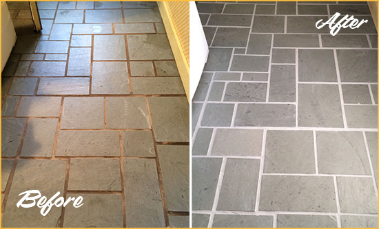 Before and After Picture of Damaged Claymont Slate Floor with Sealed Grout