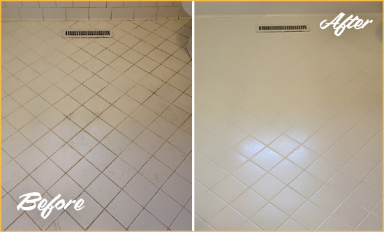Before and After Picture of a Montchanin White Bathroom Floor Grout Sealed for Extra Protection