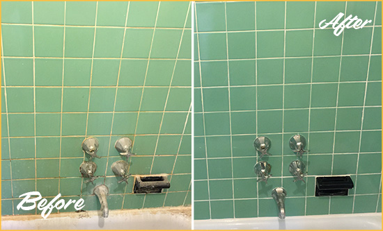 Before and After Picture of a New Castle Bath Tub Grout Sealed to Avoid Water Damage